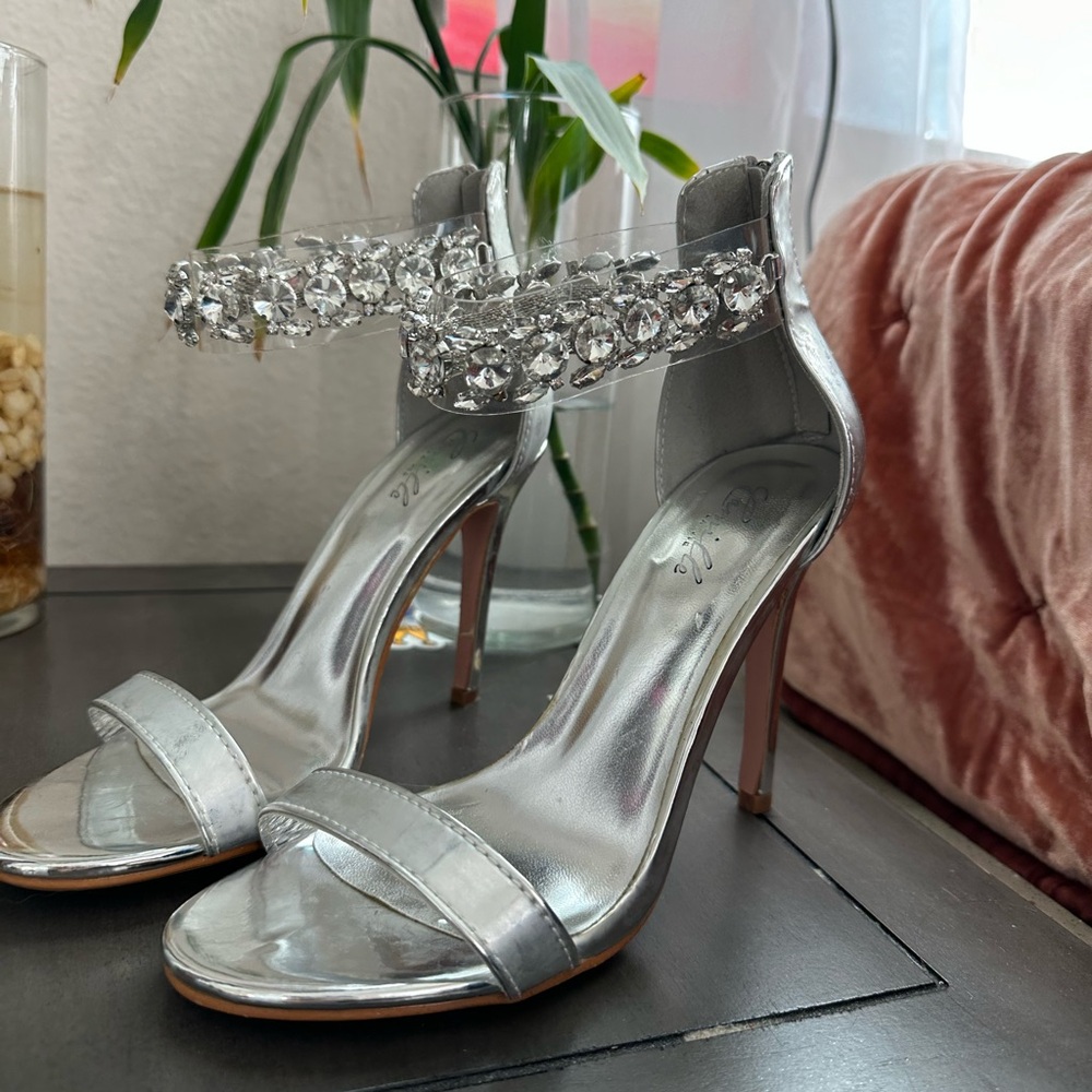 Silver heels with gemstone ankle strap silver